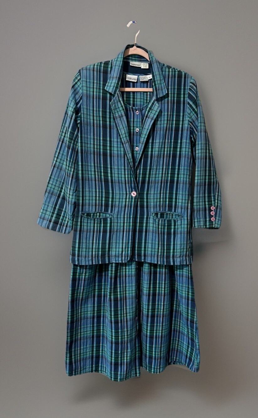 VTG Styleworks size 4 Tartan Plaid Button Up 2pc Dress Jacket Cottage Prairie